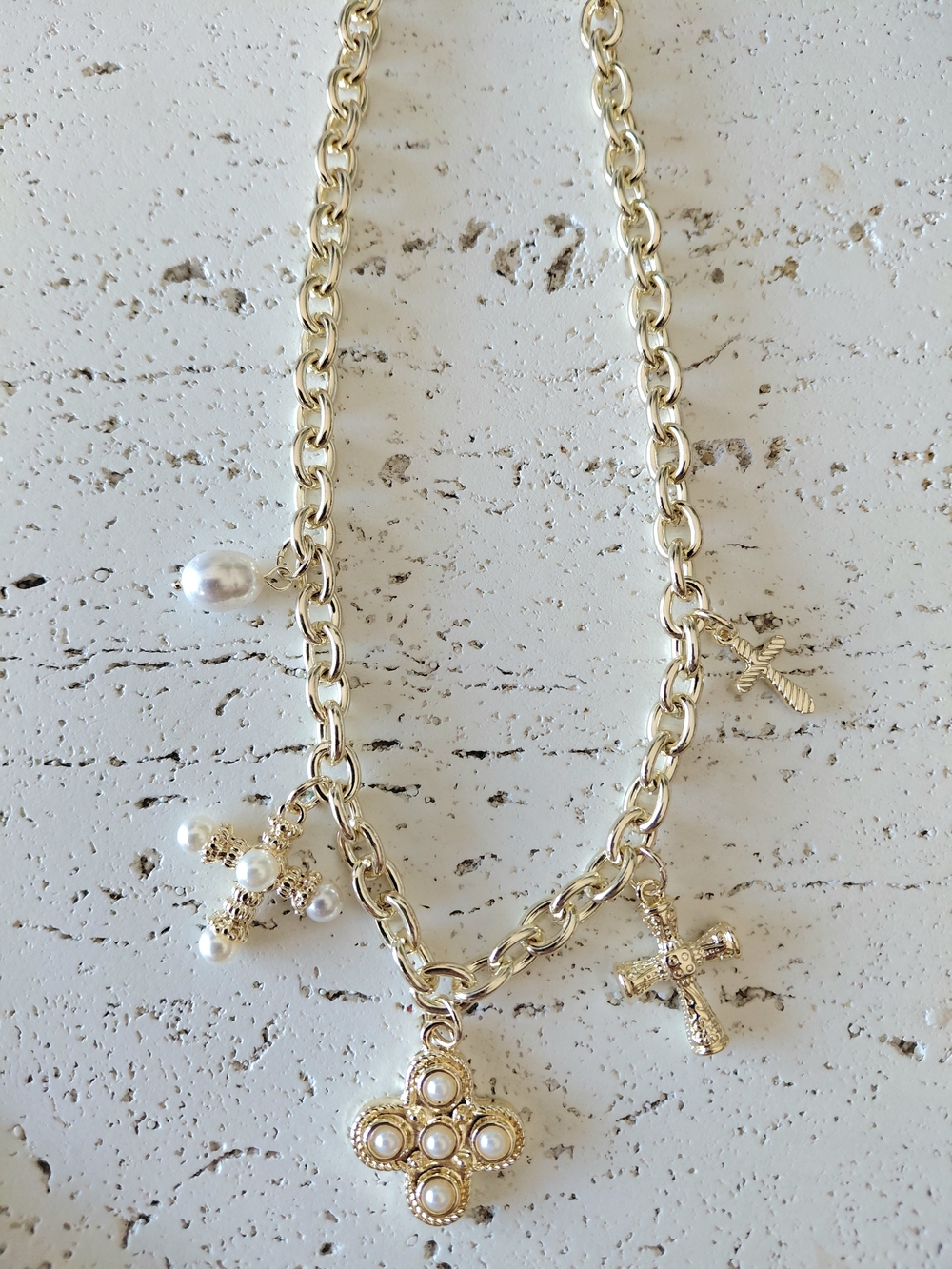 Gold Pearl Charm Cross Pendant Necklace - Women Jewelry